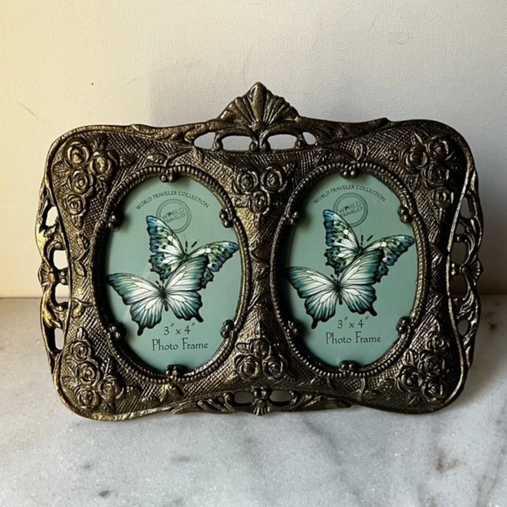 Gold ornate Double Photo Frame metal or brass for 3”x4” photo